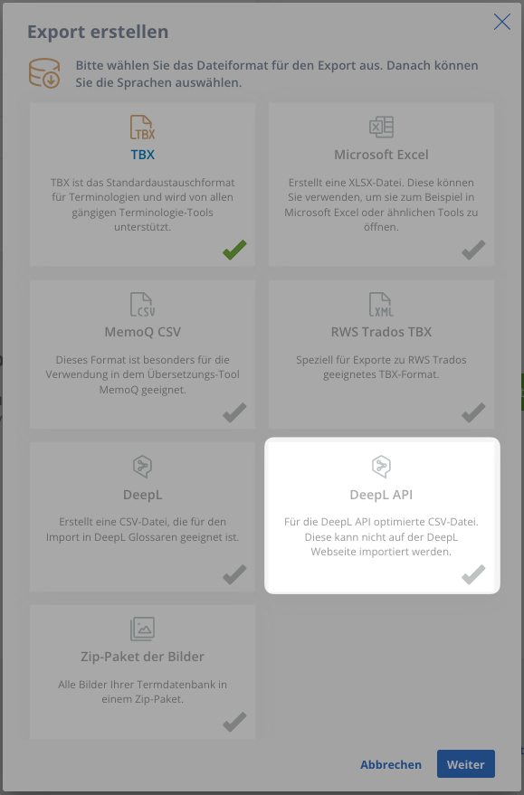 Dialog „Export erstellen“ mit dem Format DeepL API