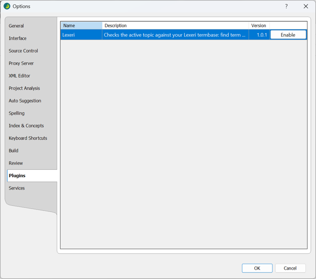 MadCap Flare Optionen: Lexeri-Plug-in unter Plugins aktivieren