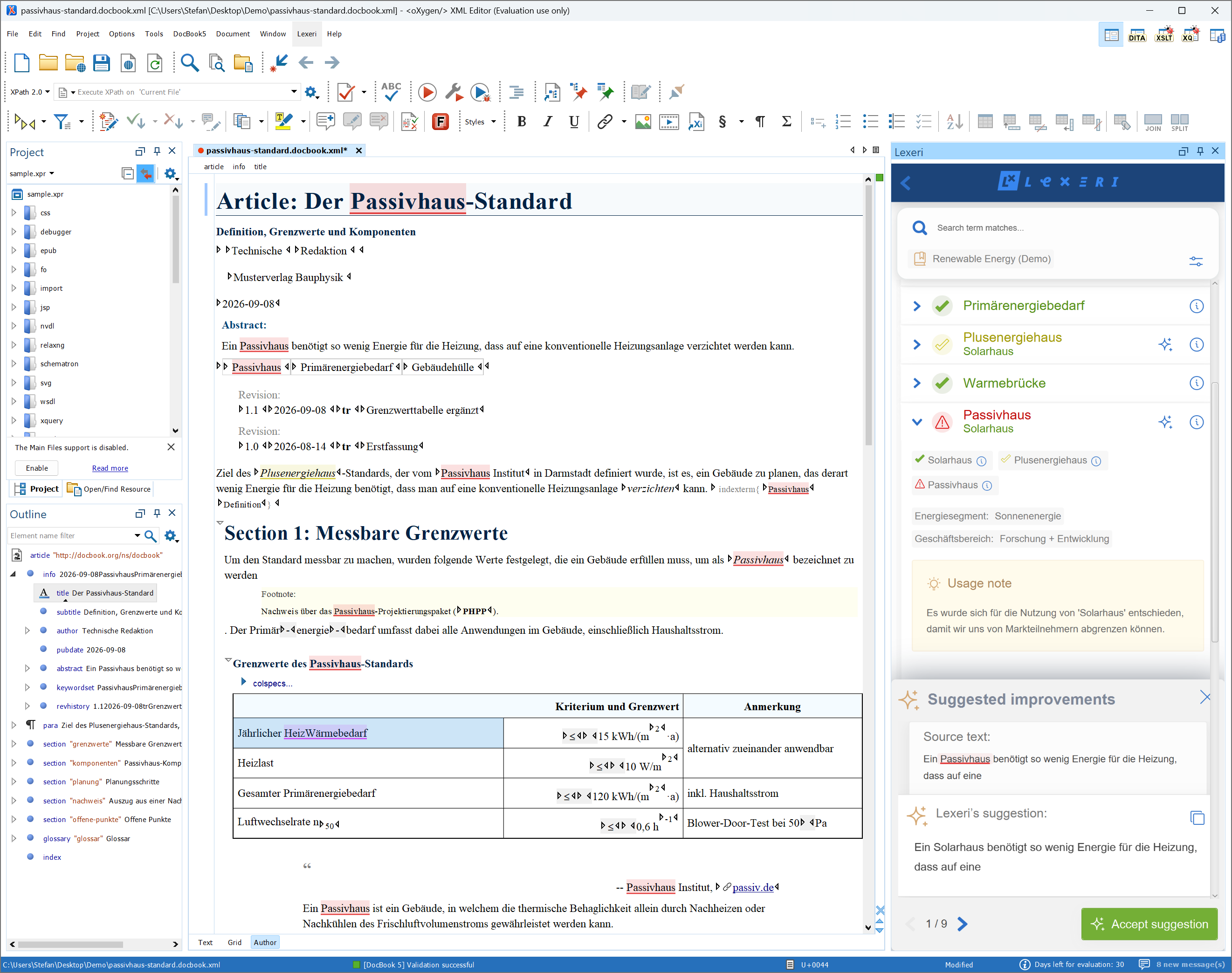Lexeri sidebar in Oxygen XML Editor with term hits and an AI suggestion