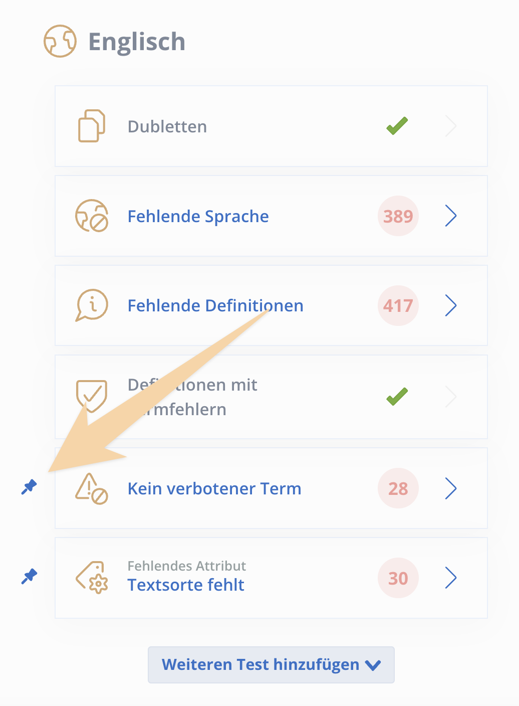 Pinned check parameters in the quality dashboard