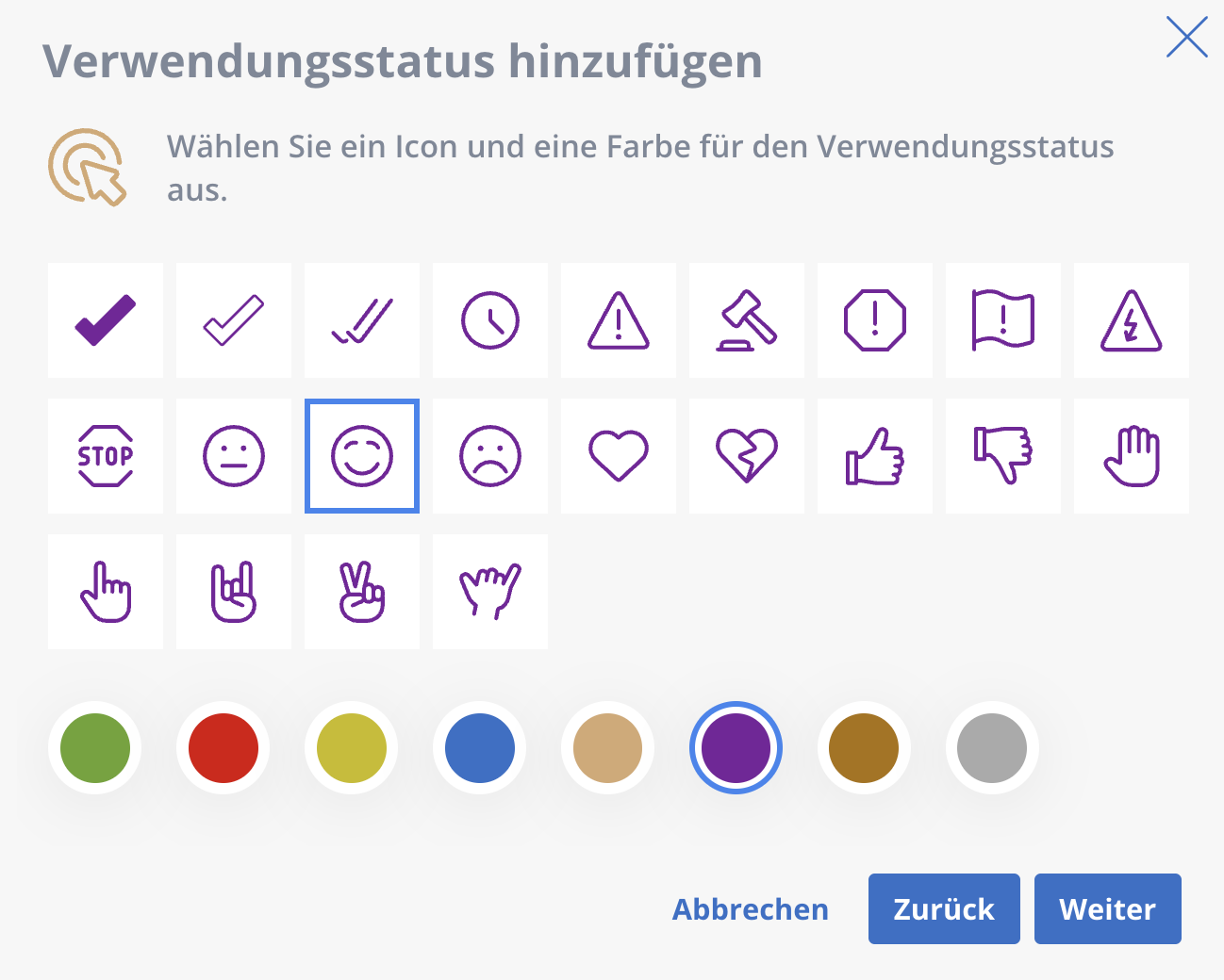 Dialog for adding a usage status with icon and colour selection