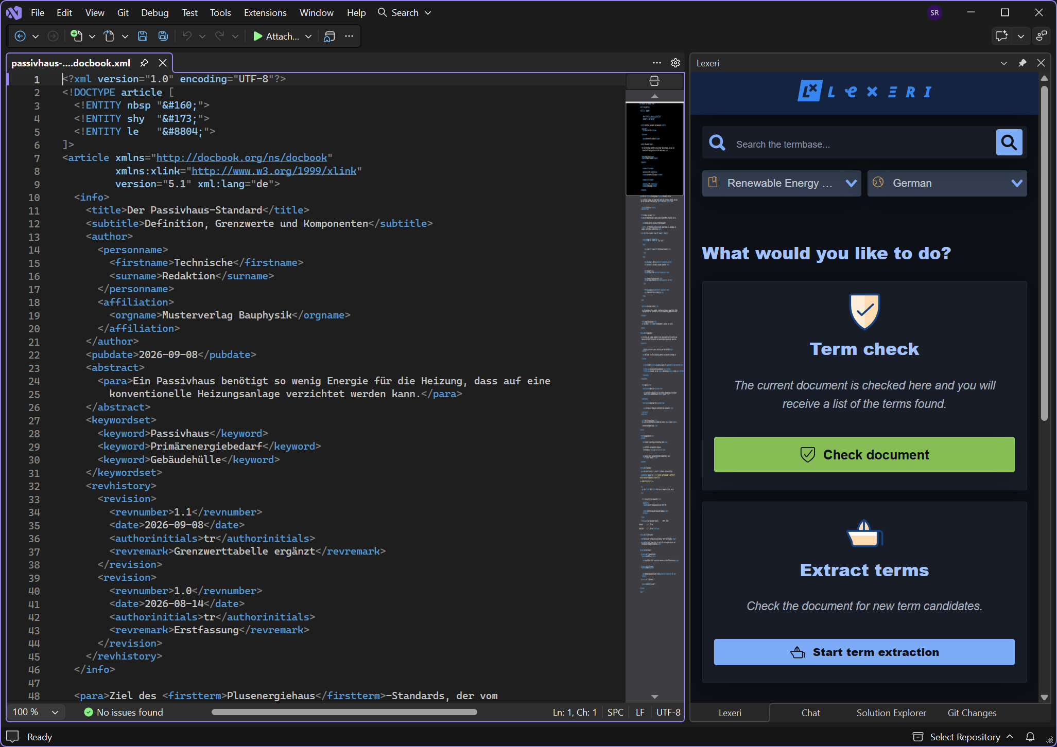 Visual Studio with the Lexeri window next to an XML document