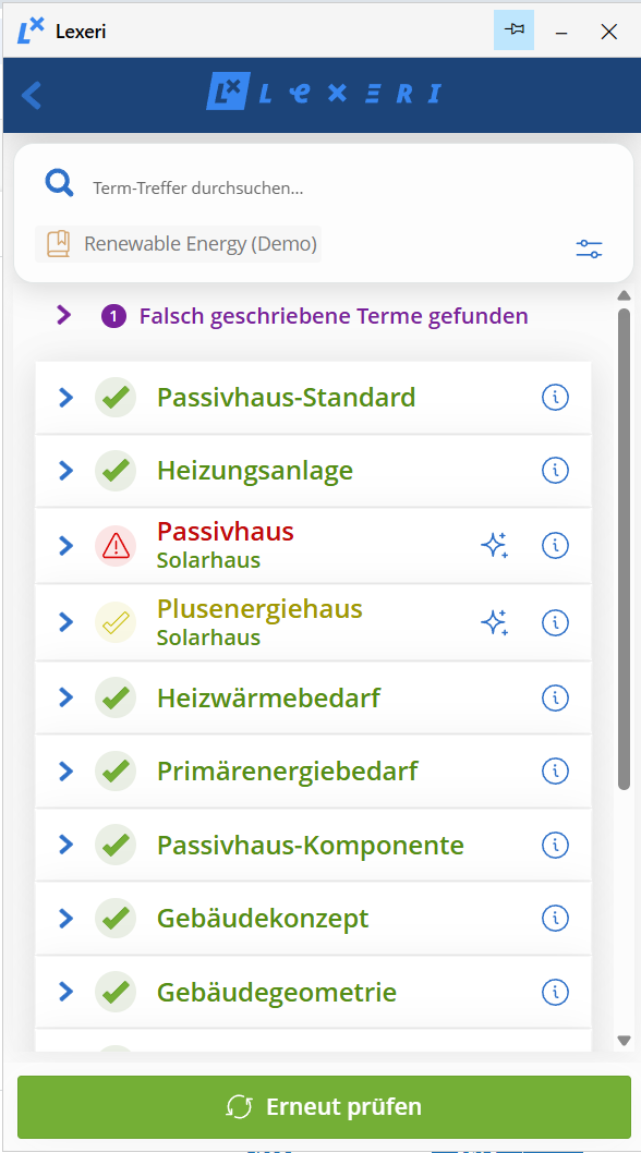 Trefferliste des Term-Checks in der Lexeri-Sidebar