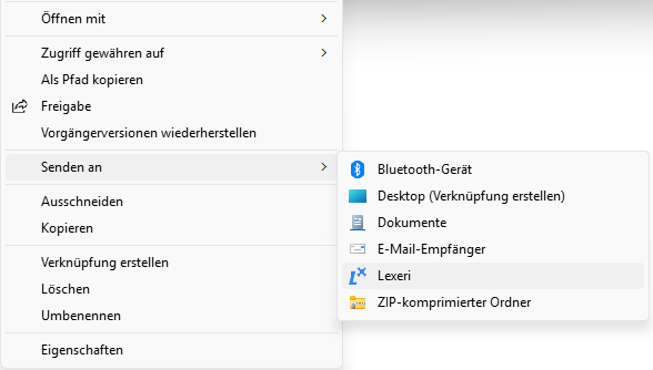 Kontextmenü des Windows-Explorers mit „Senden an > Lexeri“